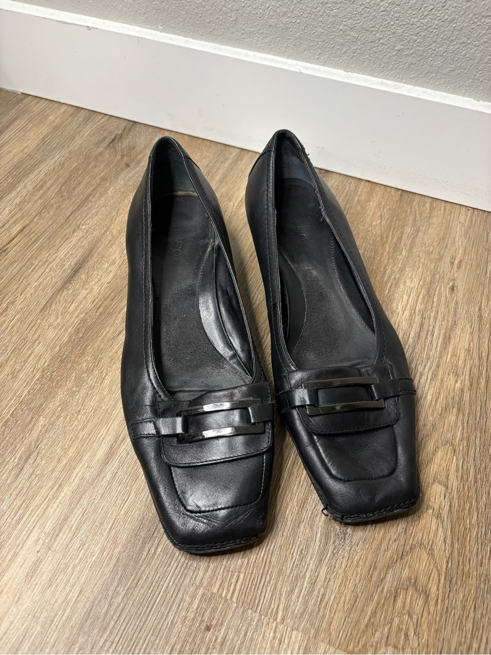Vintage Bass & Co Stephanie Black Leather Square Toe Loafer Heels Women 8.5